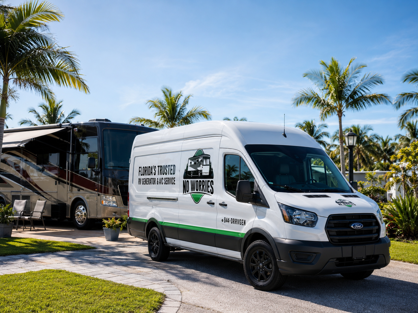 No Worries Mobile RV Service van next to a motorhome in Tampa, Florida